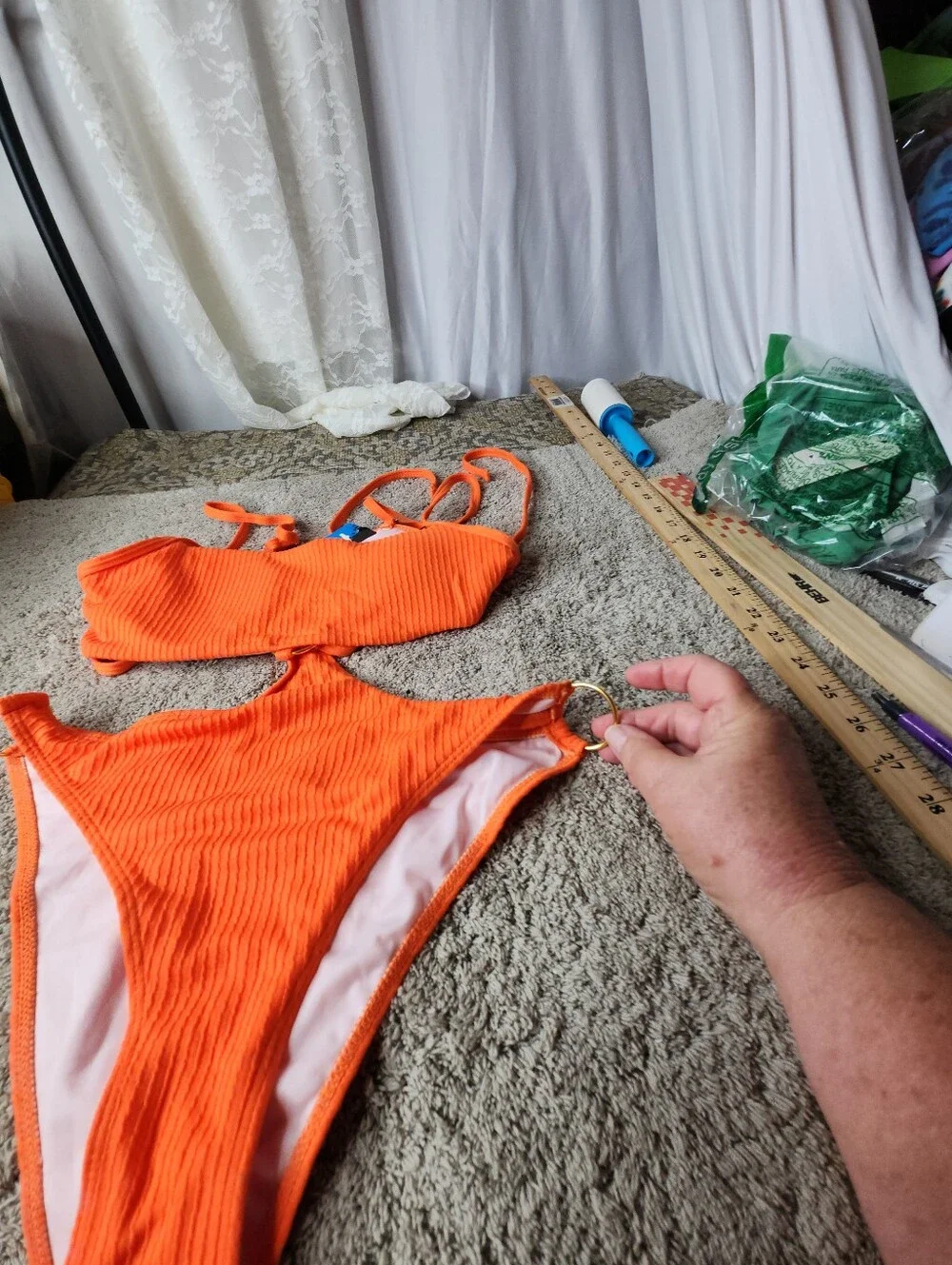 Women's Bright Orange Ribbed Two-Piece Connected Bikini - Flatter Me - L